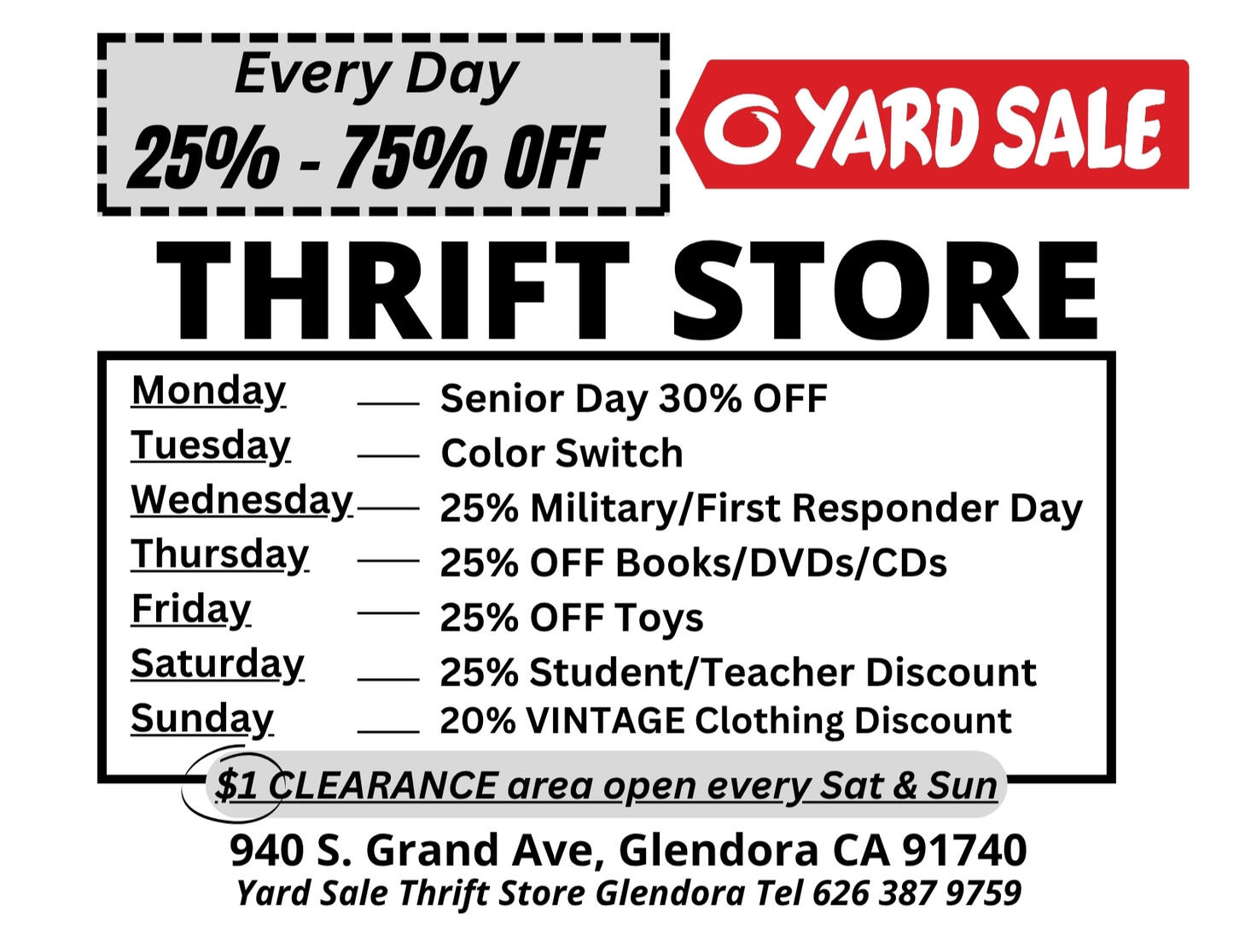 Daily Discounts up to 75% off senior discounts, military, teachers, books vintage clothing